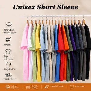 Premium plain unisex round neck 160 GSM cotton T-shirt in multiple colors with a soft, breathable fabric and regular fit.