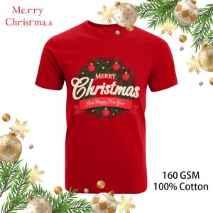 Merry Christmas T-Shirt Red Ribbon Design Unisex Cotton Round Neck Red (CM06)