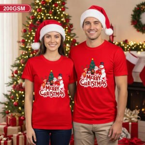 Merry Christmas Unisex Green T-Shirt 200 GSM Premium Cotton – Holiday Couple Outfit – Festive Santa, Snowman & Reindeer Print Red-CM202