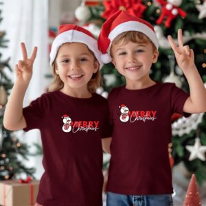 Merry Christmas kids unisex cotton t-shirt with cute snowman print in maroon cm20