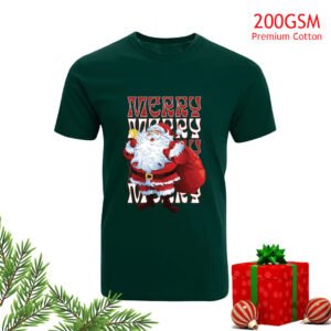 Merry Christmas Santa Design 200 GSM Premium Cotton T-Shirt in Green (CM210)