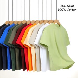 Round Neck 200 GSM Cotton T-Shirts in Multiple Colors Hanging on Rack