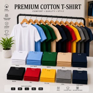 Premium Cotton Plain Unisex Round Neck T-Shirt available in multiple colors including White, Black, Navy, Red, Yellow, Green, Beige, Gray and Light Blue.