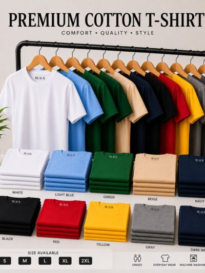 Premium Cotton Plain Unisex Round Neck T-Shirt available in multiple colors including White, Black, Navy, Red, Yellow, Green, Beige, Gray and Light Blue.