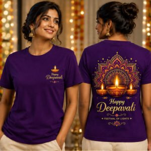 Happy Deepavali Front and Back Print White Cotton Round Neck Purple T-Shirt by Black Luxury Malaysia