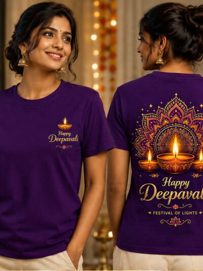 Happy Deepavali Front and Back Print White Cotton Round Neck Purple T-Shirt by Black Luxury Malaysia