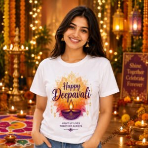Happy Deepavali Adult Unisex Cotton Round Neck White T-Shirt White by Black Luxury Malaysia