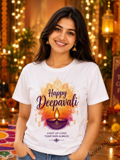 Happy Deepavali Adult Unisex Cotton Round Neck White T-Shirt White by Black Luxury Malaysia