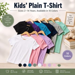 Kids plain round neck cotton T-shirt available in 10 colors, soft breathable fabric, sizes 2–14 years, perfect for everyday wear in Malaysia.