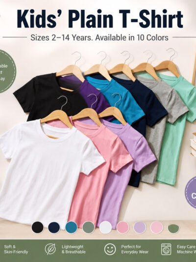 Kids plain round neck cotton T-shirt available in 10 colors, soft breathable fabric, sizes 2–14 years, perfect for everyday wear in Malaysia.