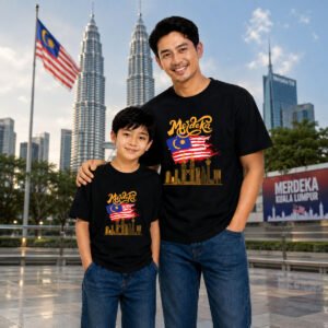 Merdeka KLCC Family Cotton Round Neck Black T-Shirt for Adults and Kids