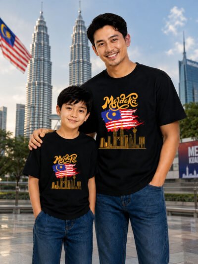 Merdeka KLCC Family Cotton Round Neck Black T-Shirt for Adults and Kids