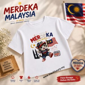 Merdeka Malaysia Cat Cotton Round Neck White T-Shirt with Malaysian Flag Design