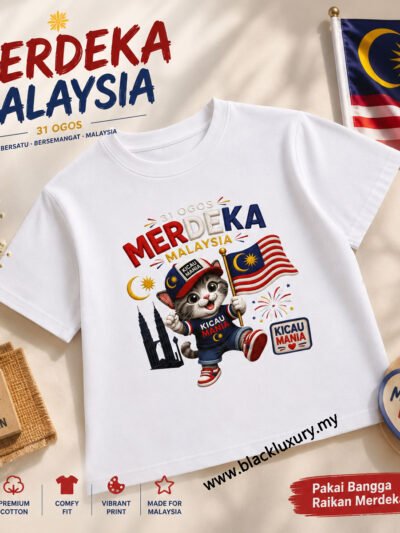 Merdeka Malaysia Cat Cotton Round Neck White T-Shirt with Malaysian Flag Design