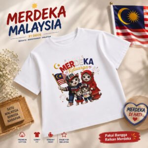 Merdeka Malaysia Cat Cotton Round Neck White T-Shirt with Malaysian Flag Design