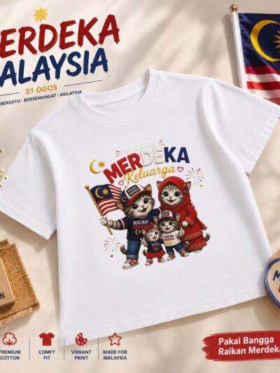 Merdeka Malaysia Cat Cotton Round Neck White T-Shirt with Malaysian Flag Design