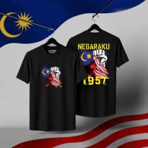 Negaraku 1957 Merdeka Cotton Round Neck Black T-Shirt Front and Back Print
