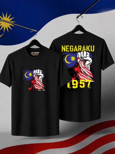 Negaraku 1957 Merdeka Cotton Round Neck Black T-Shirt Front and Back Print