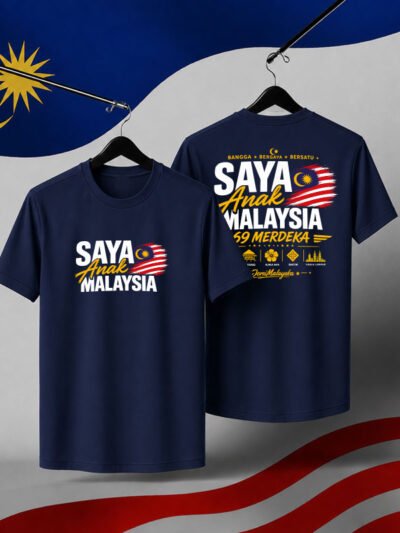 Saya Anak Malaysia Merdeka Cotton Round Neck Navy T-Shirt Front and Back Print
